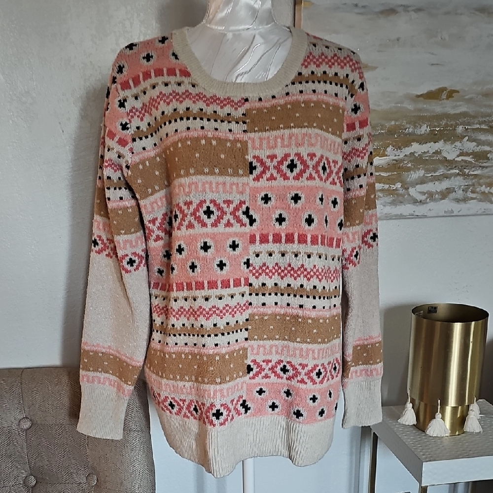 Time and Tru Women's Geometric Sweater - Pink, Tan, and Black